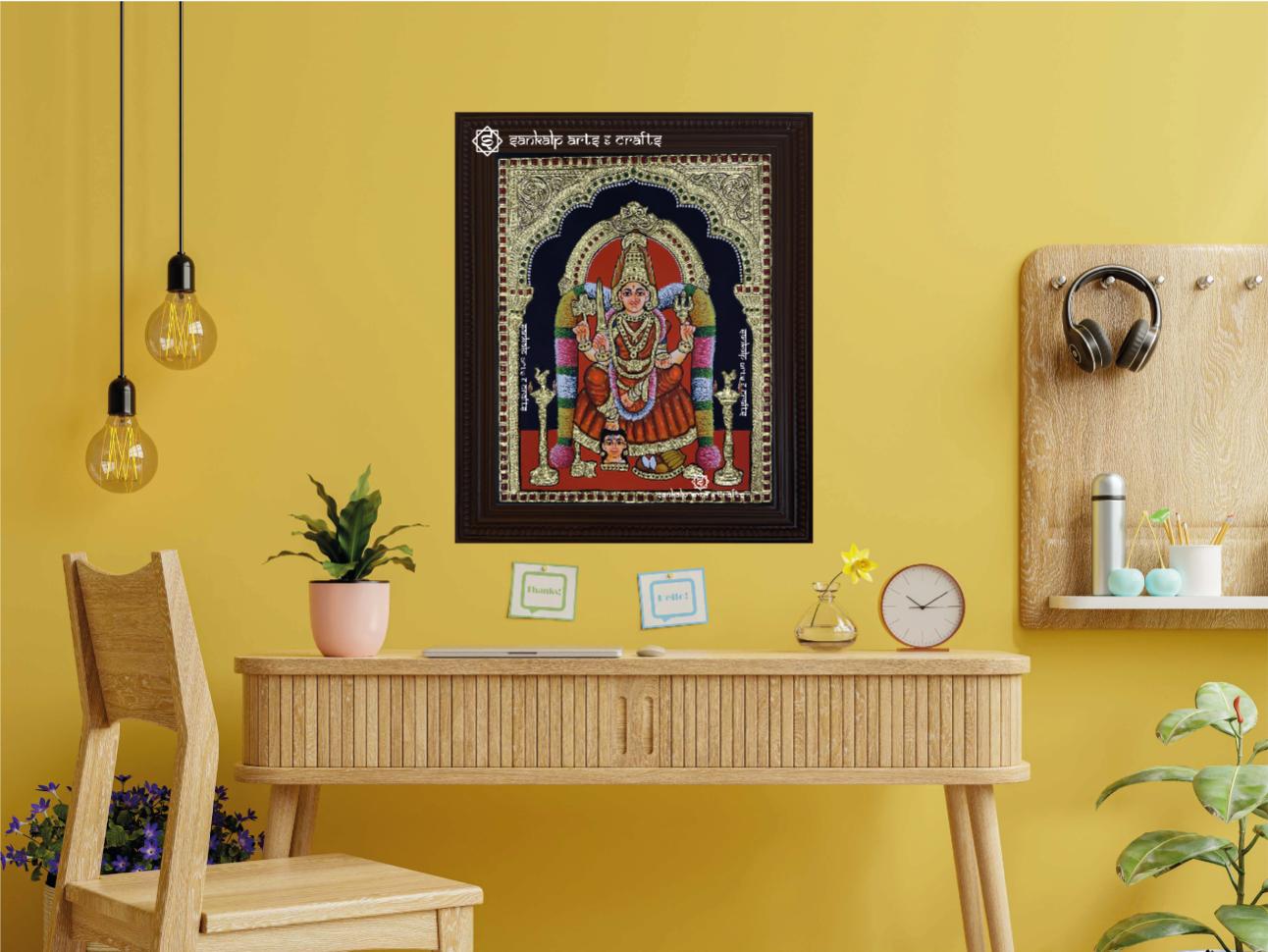 Angala Parameswari Tanjore painting in a wall-hanging frame, featuring the goddess in vibrant colors and intricate details, capturing her divine essence in traditional Indian art style.