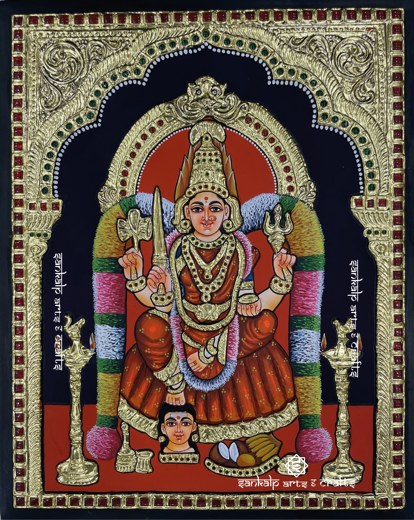 Angala Parameswari Tanjore painting, showcasing the goddess in red color saree with intricate detailing, capturing her divine essence in traditional Indian art style.