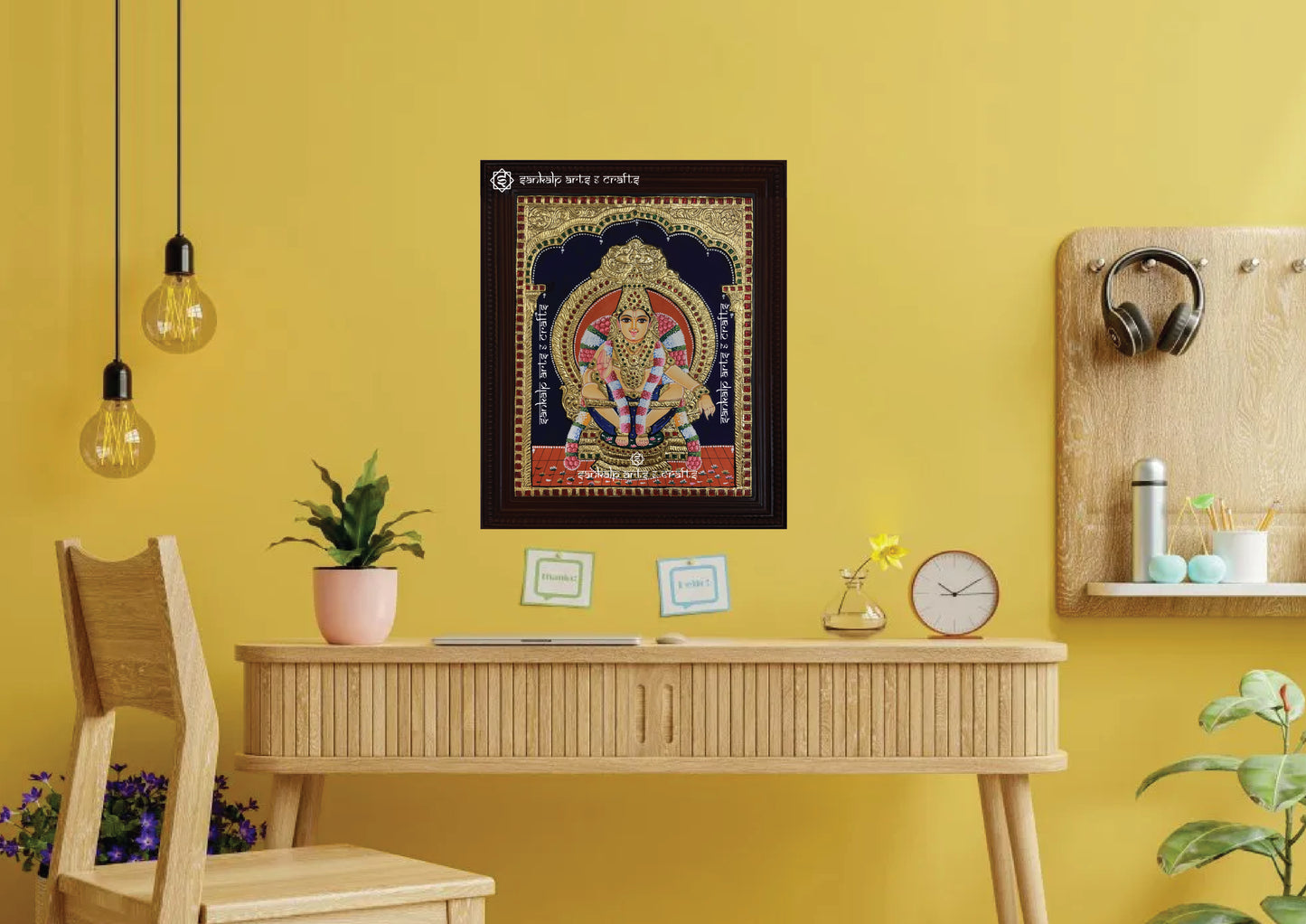 A framed Ayyappan Tanjore painting, radiating divine energy with intricate gold work and vibrant hues, perfect for bringing peace, protection, and spiritual elegance to your pooja room or living space.