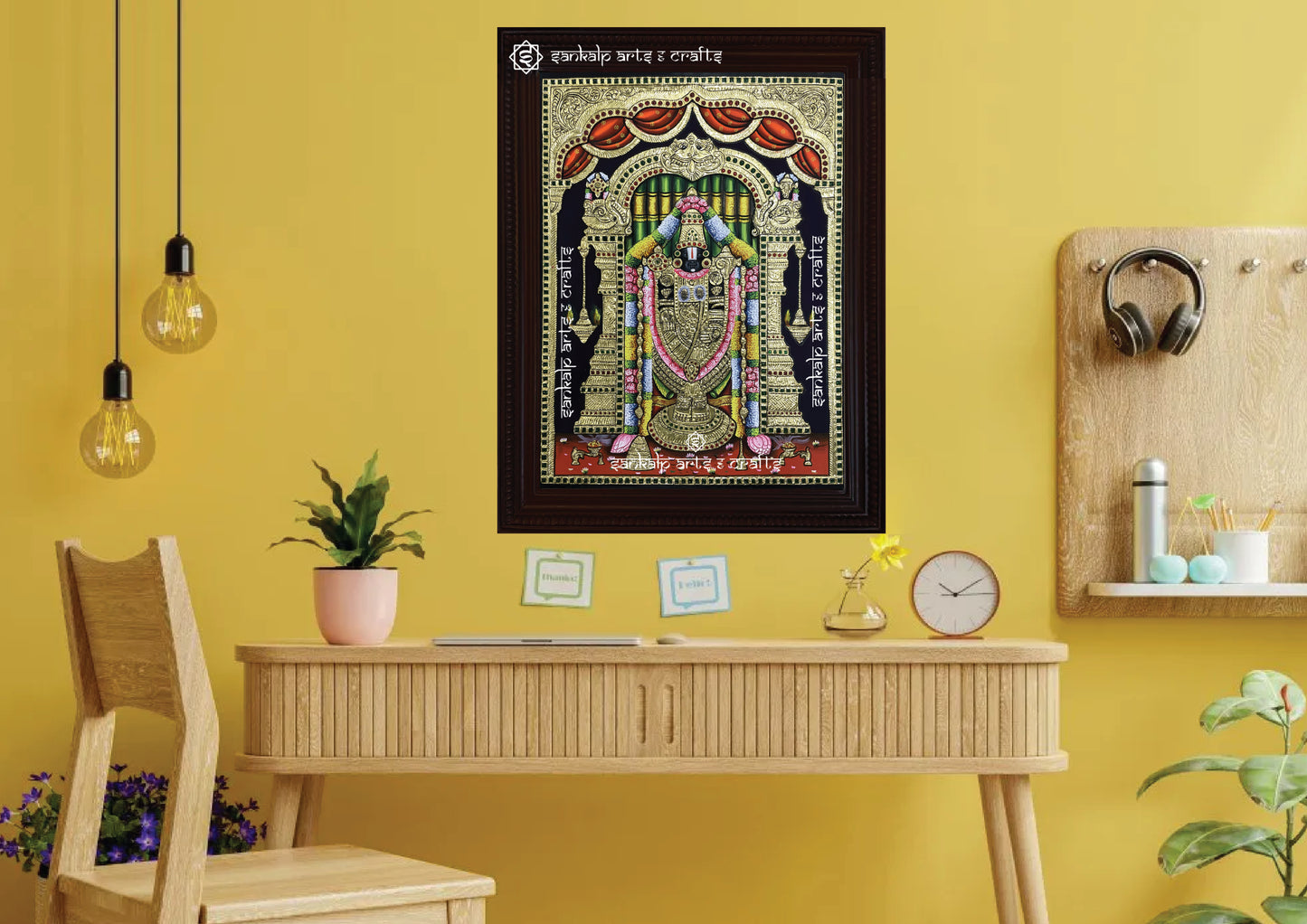 A framed Balaji Tanjore painting, intricately designed with gold foil and vibrant colors, perfect for bringing peace, prosperity, and divine energy to your pooja room or living space.