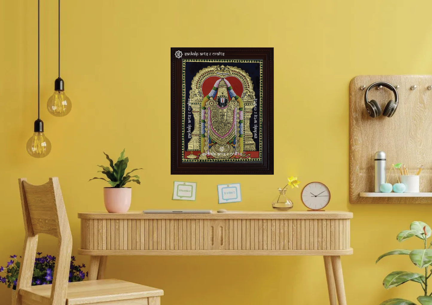 A divine Tanjore painting of Lord Balaji, radiating blessings and prosperity. A stunning wall decor piece, available in Chennai & Bangalore.