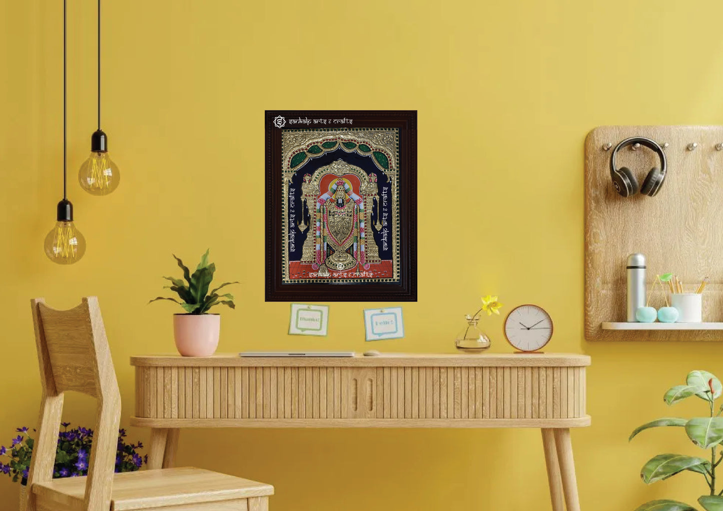 A stunning Tanjore painting of Lord Balaji, bringing divine grace and prosperity to home decor. Available in Chennai & Bangalore.