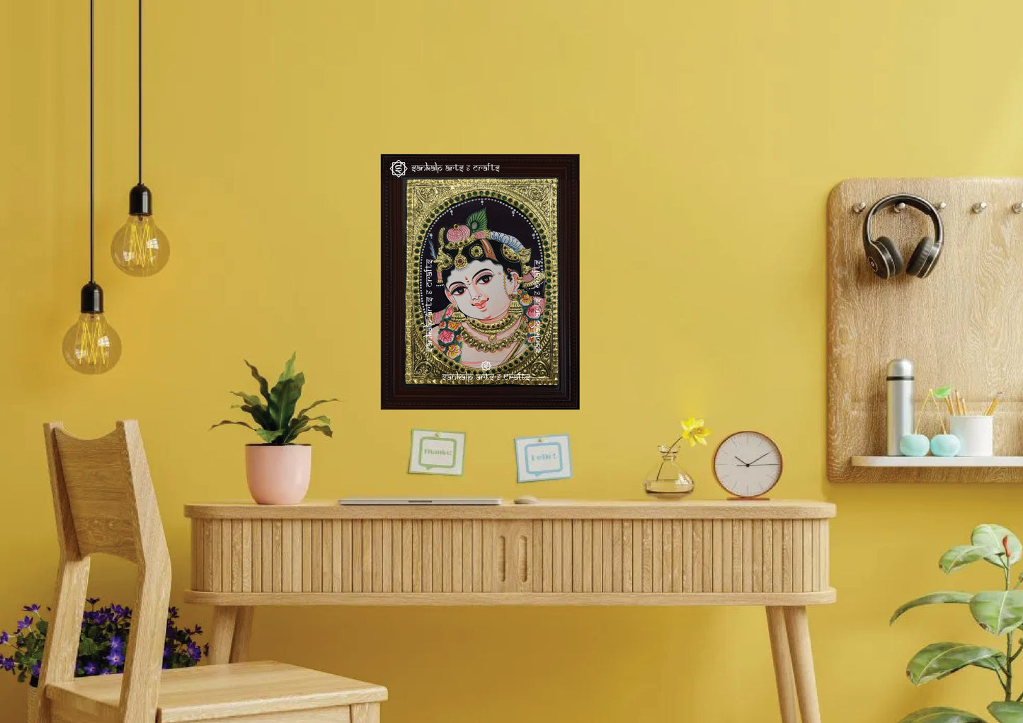 A framed Butter Krishna Tanjore painting, radiating divine energy with rich gold accents, detailed craftsmanship, and a playful depiction of Lord Krishna, perfect for enhancing spiritual spaces.