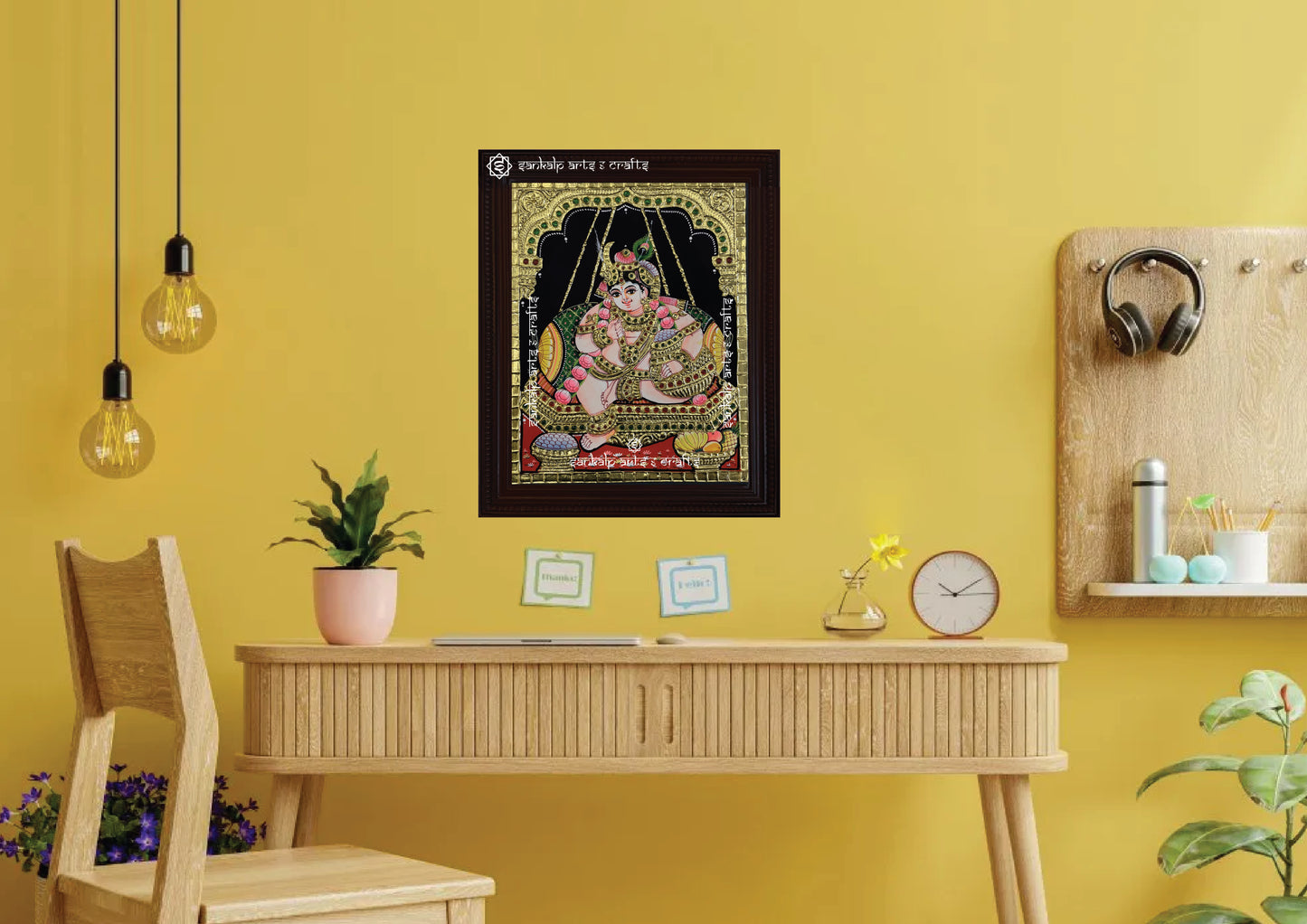 A stunning Butter Krishna Tanjore painting, ideal for pooja rooms and traditional interiors, bringing spiritual elegance to homes in Chennai & Bangalore.