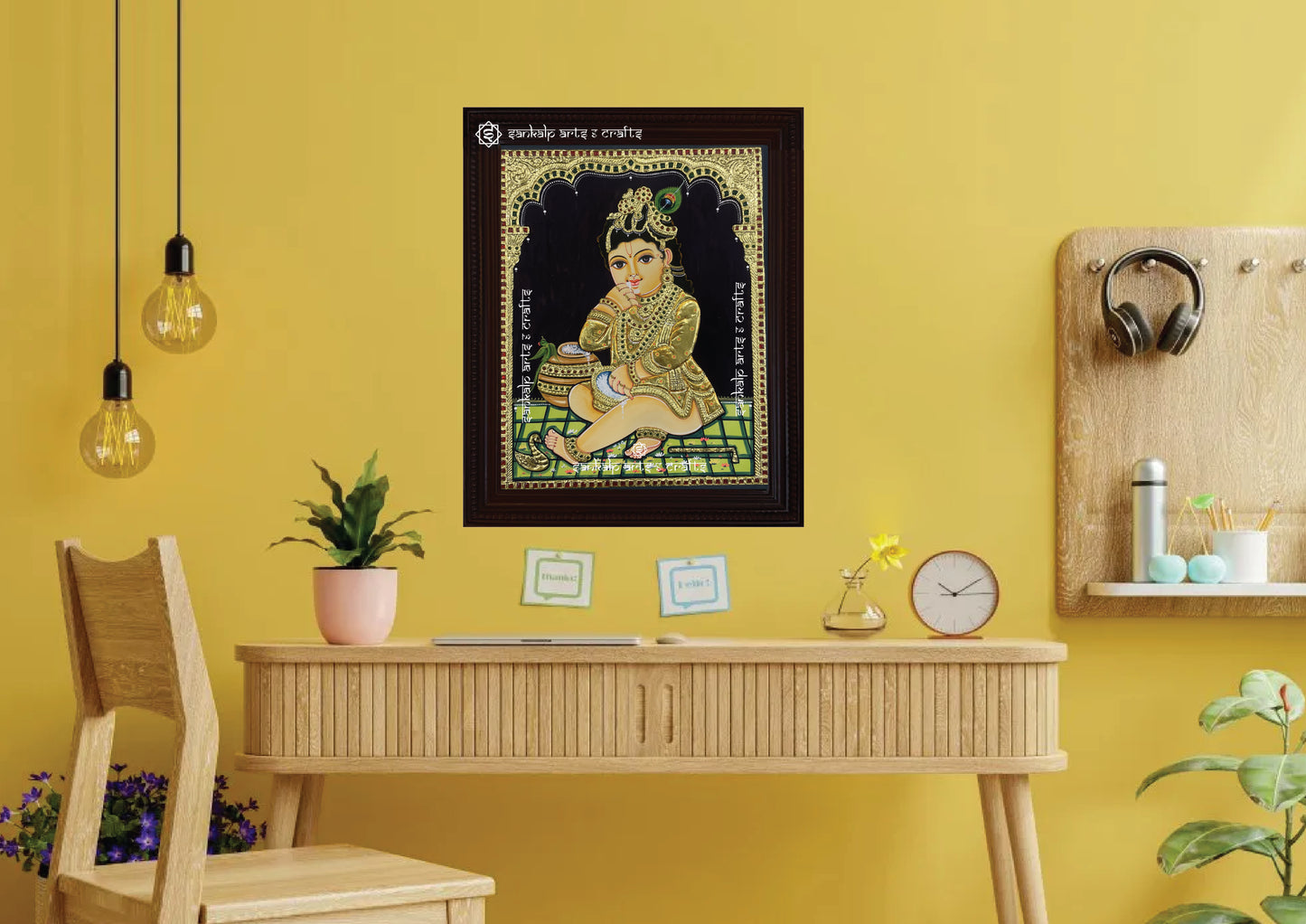 A beautifully framed Butter Krishna Tanjore painting, ideal as a spiritual wall hanging. Enhances traditional home aesthetics in Chennai & Bangalore.