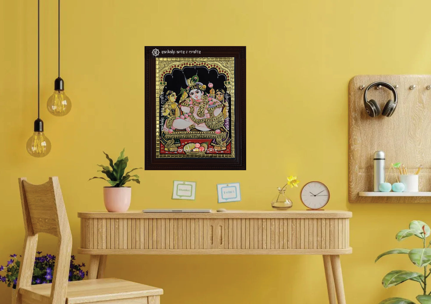 A divine Butter Krishna Tanjore painting, designed for pooja rooms and spiritual spaces, adding a traditional touch to homes in Chennai & Bangalore.
