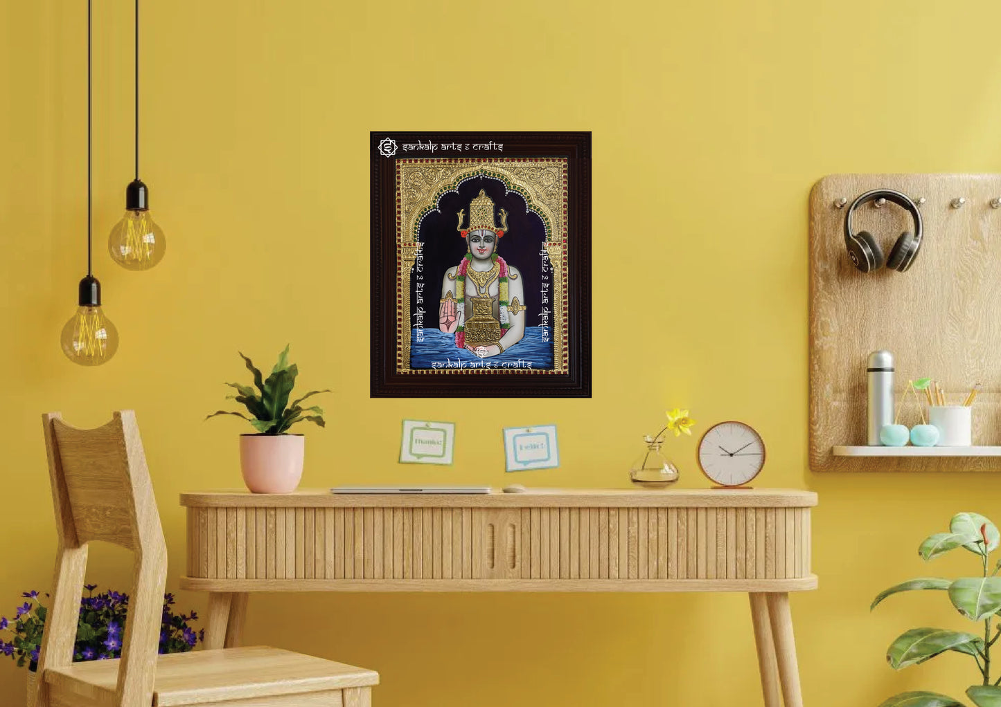 A framed Dhanvantari Tanjore painting, radiating divine healing energy with intricate gold work and vibrant hues, perfect for bringing wellness, prosperity, and spiritual protection to your pooja room or living space.