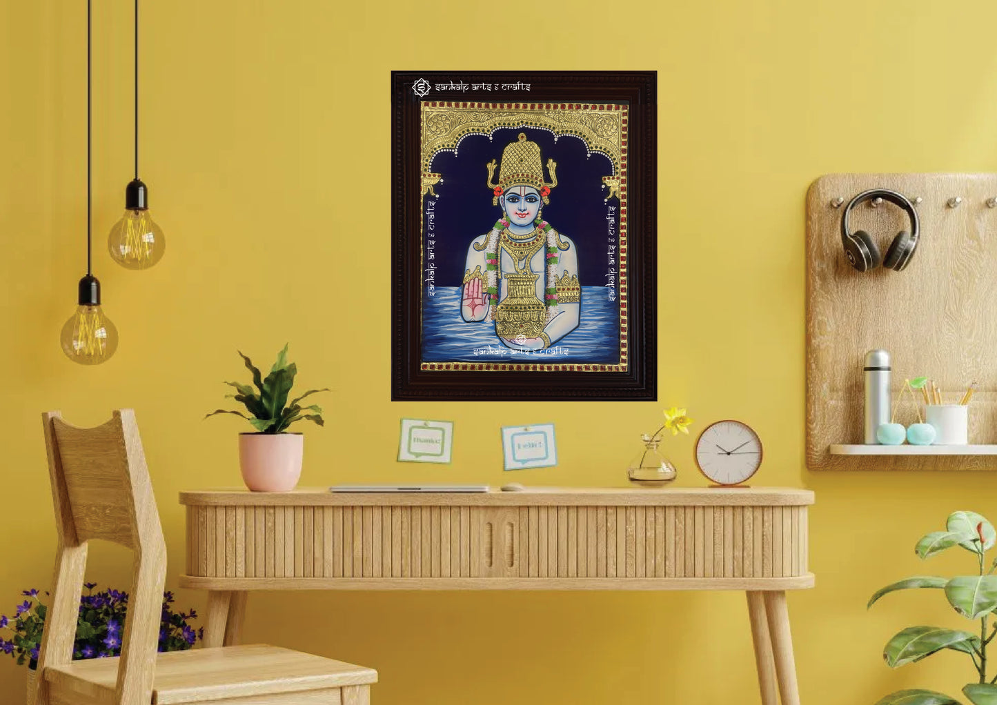 A beautifully designed Tanjore painting of Lord Dhanvantri, bringing divine healing energy to home decor. Available in Chennai & Bangalore.