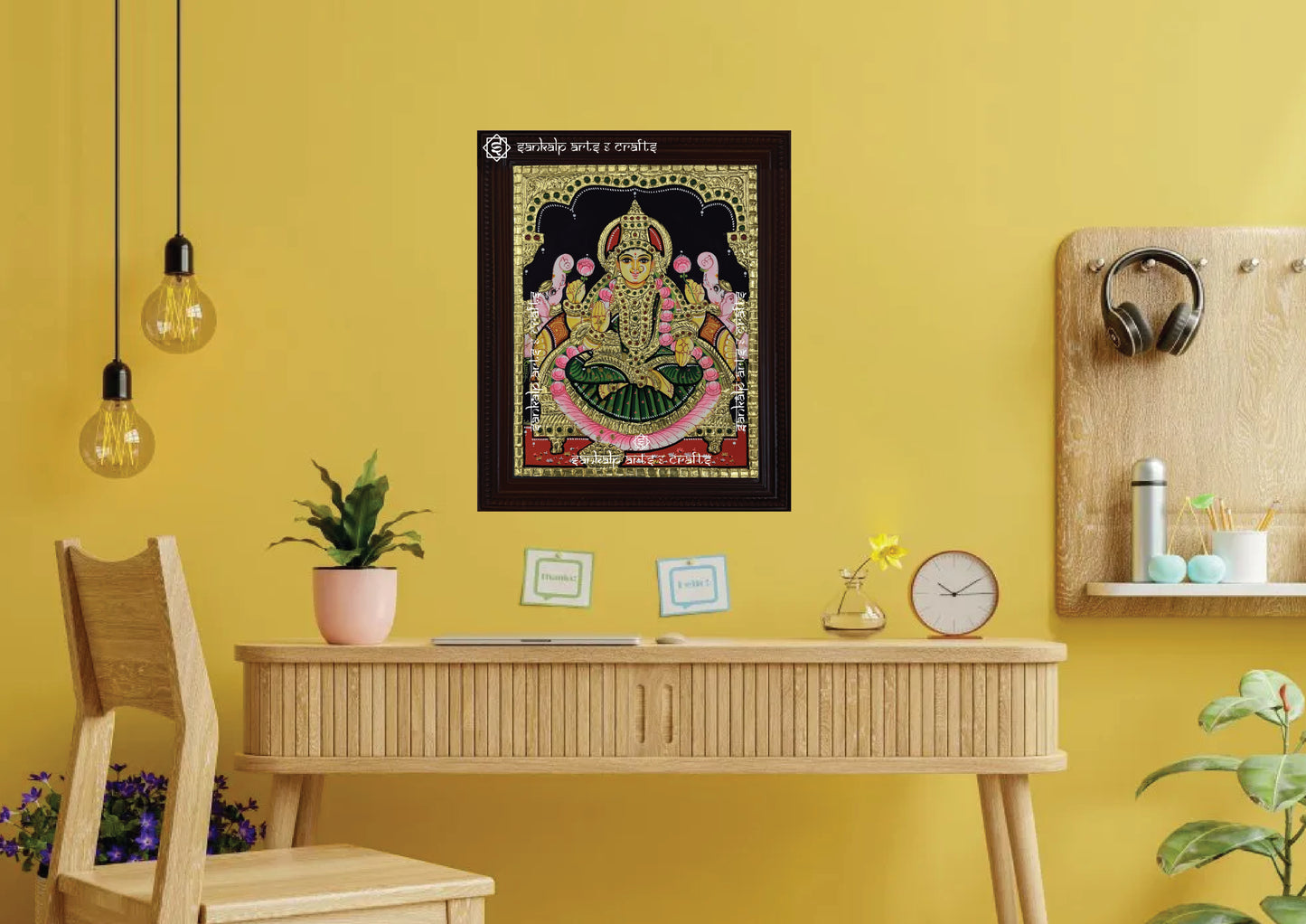 A beautifully framed Gajalakshmi Tanjore painting, designed for pooja rooms and divine spaces in Chennai & Bangalore. Enhances positivity and prosperity.