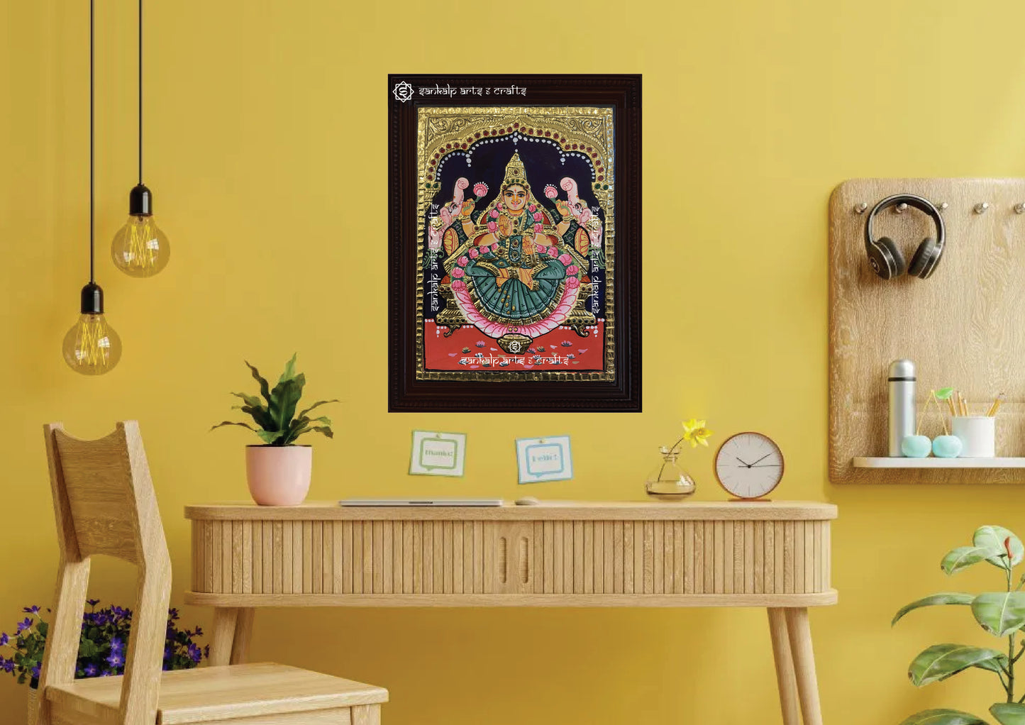 A beautifully detailed Tanjore painting of Goddess Gajalakshmi, radiating divine energy and elegance in home decor. Available in Chennai & Bangalore.