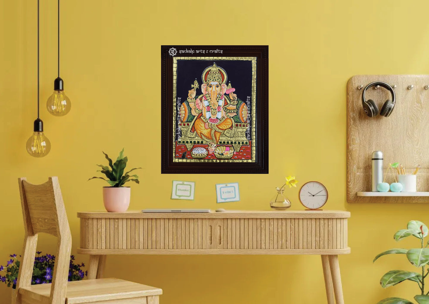 A stunning Tanjore painting of Lord Ganesha, bringing spiritual elegance to home decor. Available in Chennai & Bangalore.