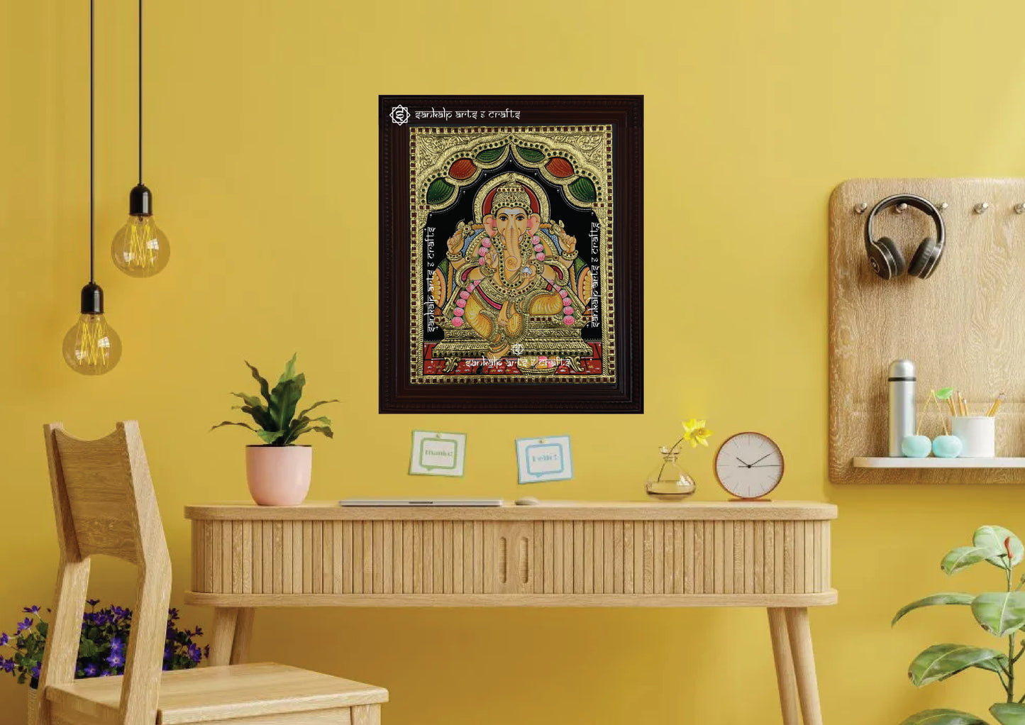 A beautifully framed Ganesha Tanjore painting, designed for a stunning wall hanging that enhances spiritual decor in Chennai & Bangalore.