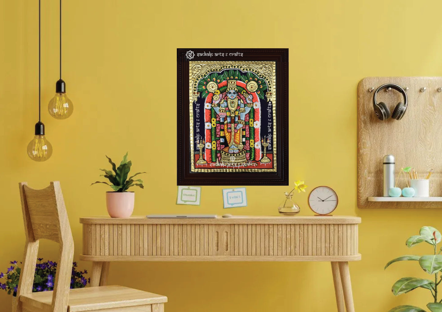 A framed Guruvayoorappan Tanjore painting, intricately designed with gold foil and rich hues, perfect for bringing divine grace, peace, and spiritual charm to your pooja room or living area.