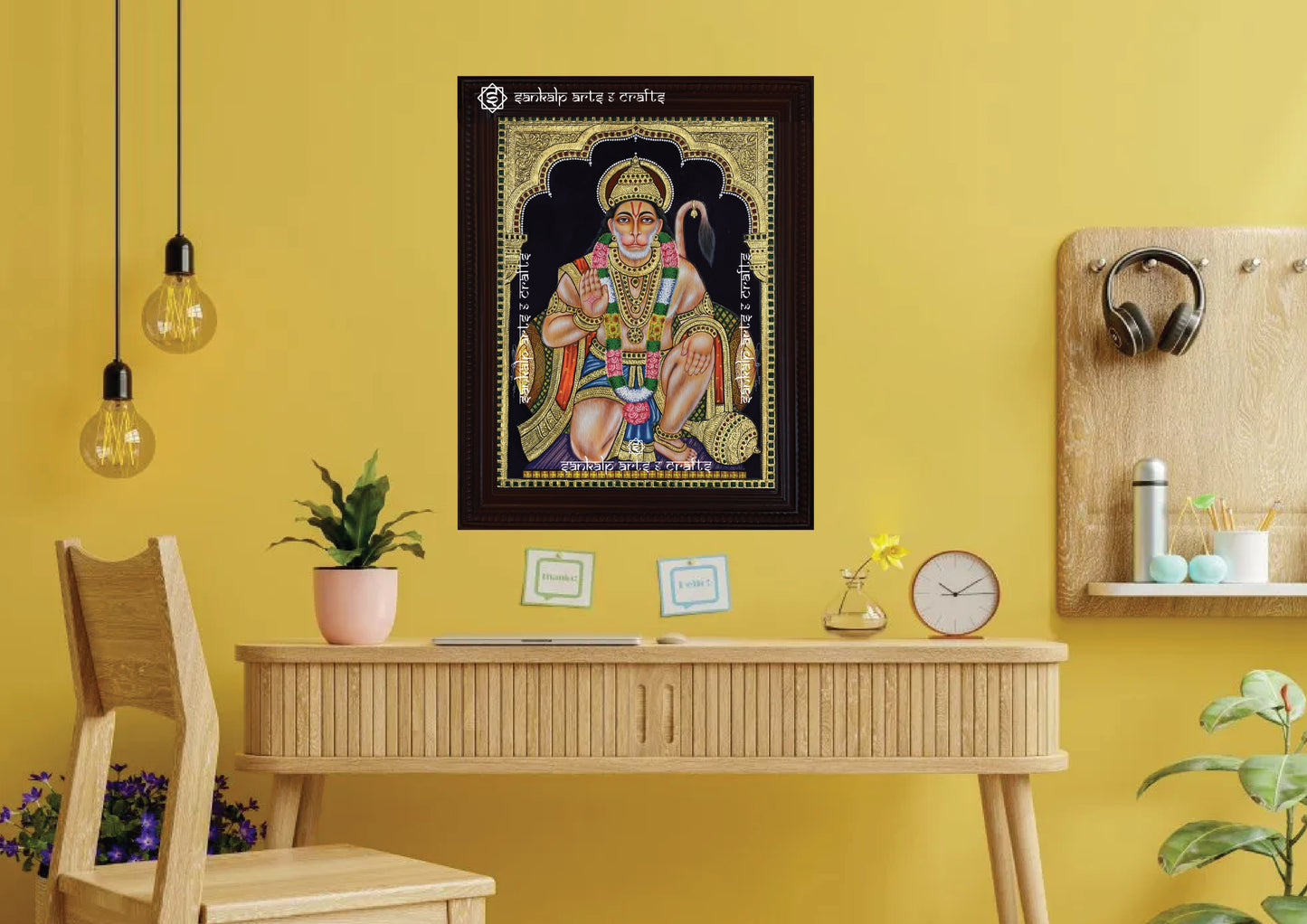 A beautifully framed Hanuman Tanjore painting, perfect for pooja rooms and spiritual décor in Chennai & Bangalore. Enhances devotion and positivity.