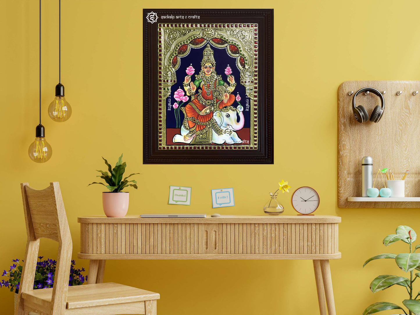 Antique Gajalakshmi Tanjore Painting - Red Saree