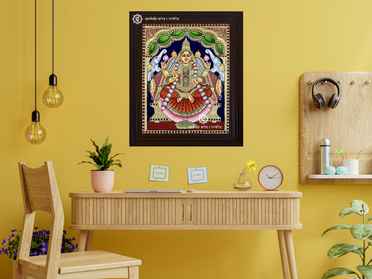 Antique Gajalakshmi Tanjore Painting - Red Saree