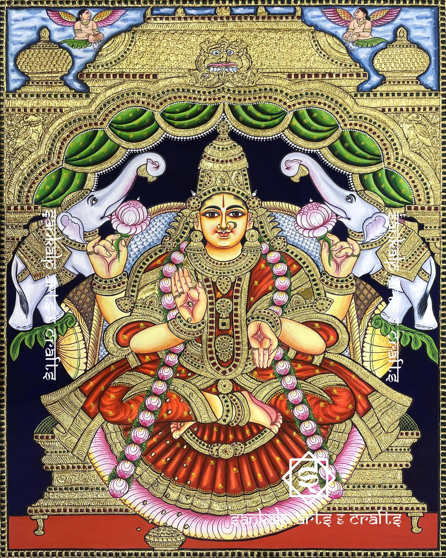 Traditional Antique Gajalakshmi Tanjore Painting - Red Saree