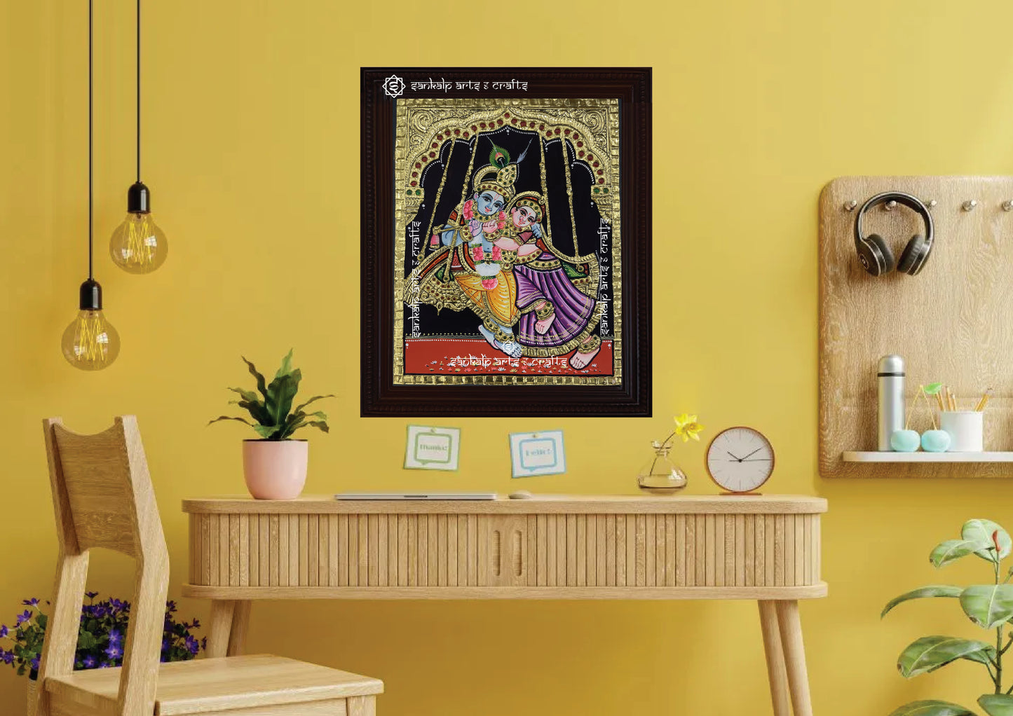 An enchanting Jhula Radha Krishna Tanjore painting, framed for elegance, adding divine beauty to pooja rooms in Chennai & Bangalore.