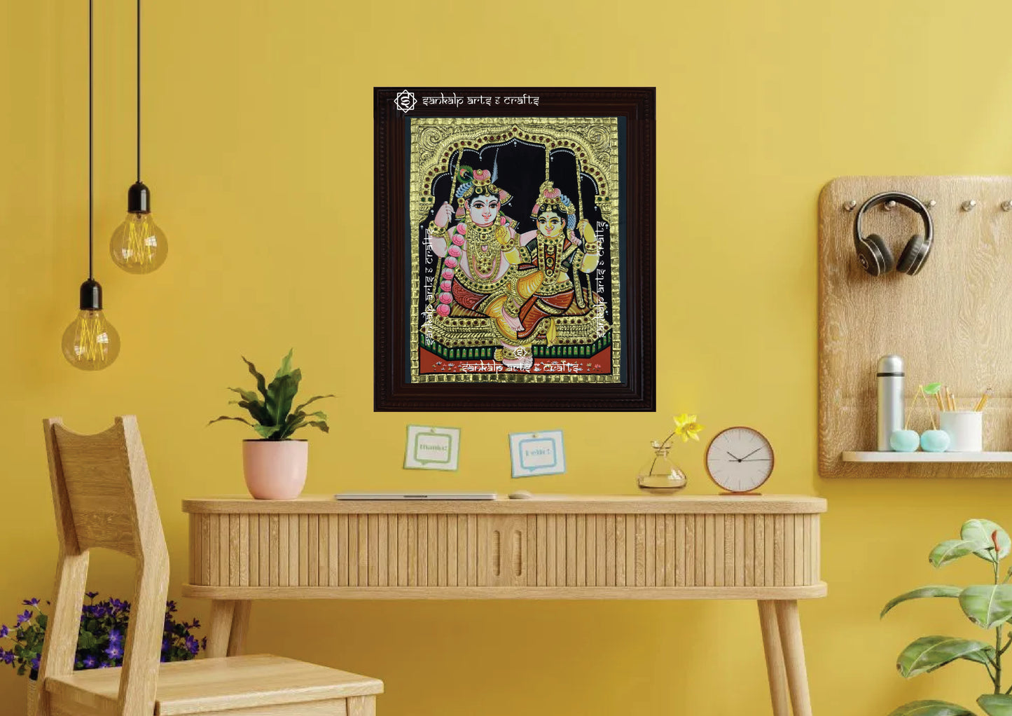 A beautifully framed Jhula Radha Krishna Tanjore painting, bringing divine charm to pooja rooms and interiors in Chennai & Bangalore.