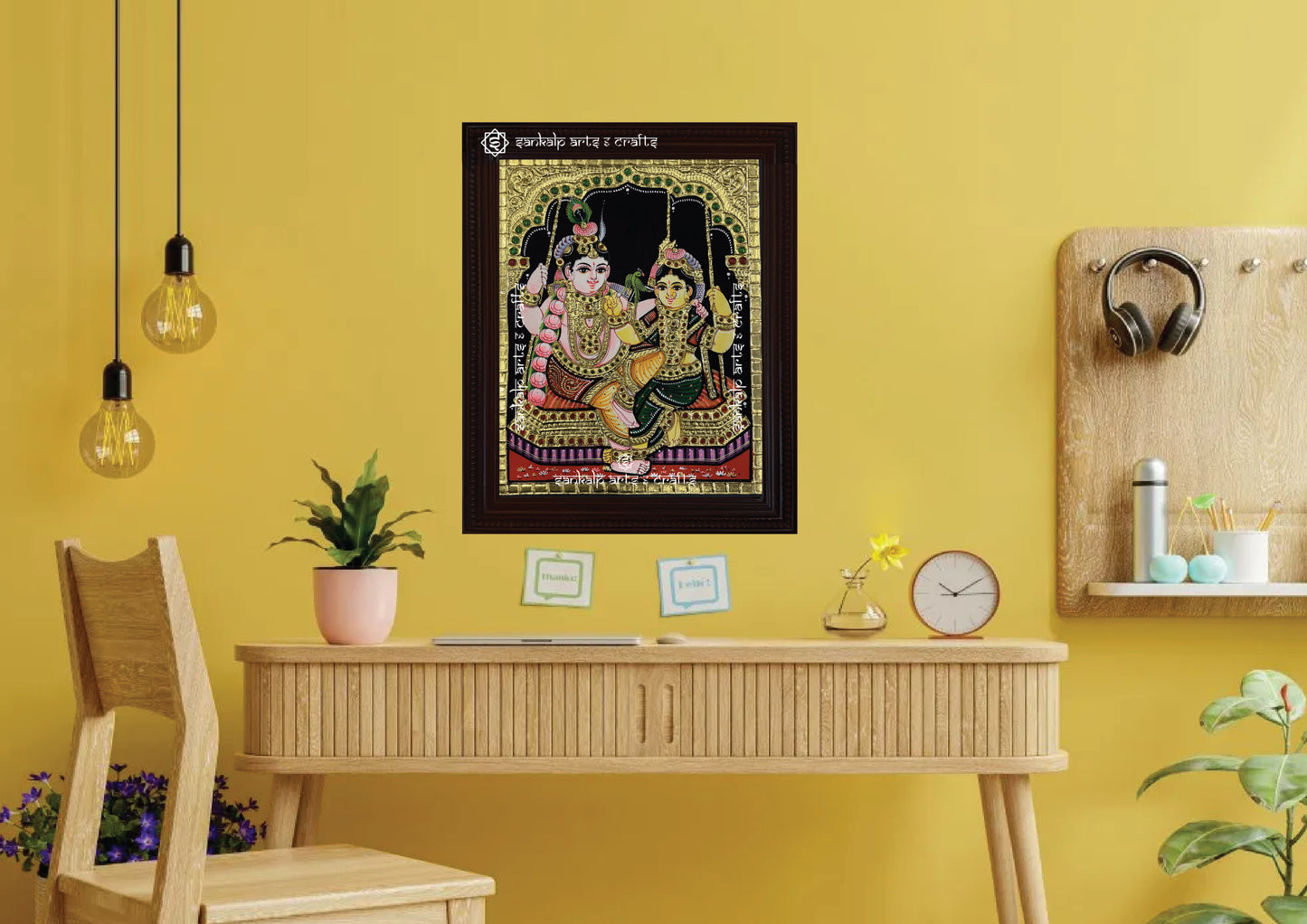 A beautifully framed Jhula Radhe Krishna Tanjore painting, perfect for adding spiritual charm and traditional beauty to pooja rooms in Chennai & Bangalore.
