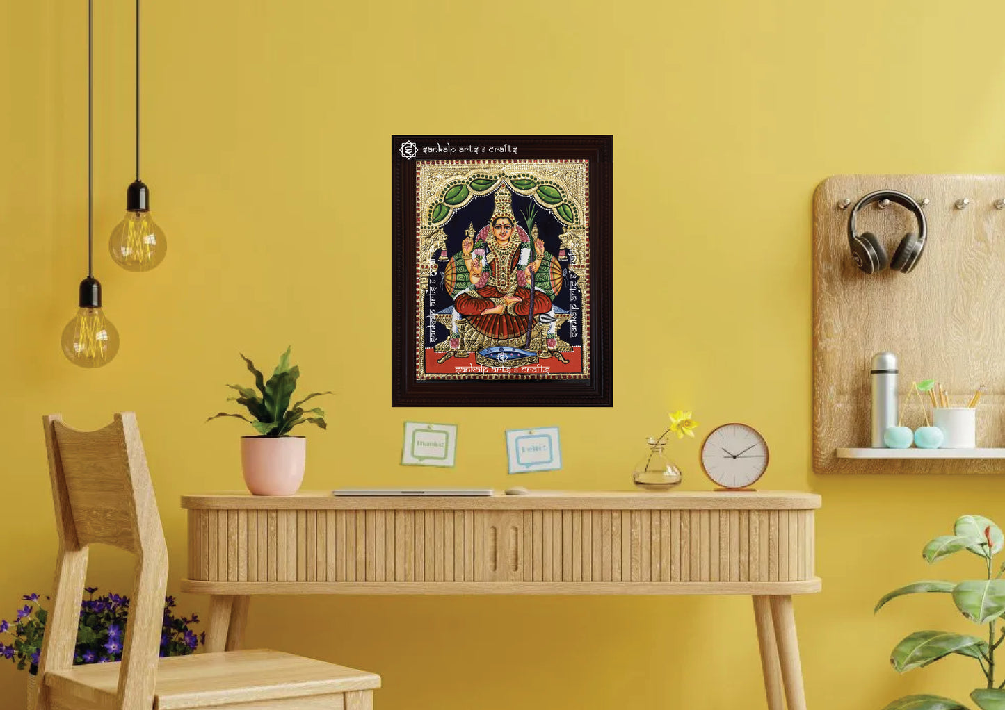 A beautifully framed Kamakshi Amman Tanjore painting, perfect for home altars and temples, bringing peace and prosperity. Available in Chennai & Bangalore.