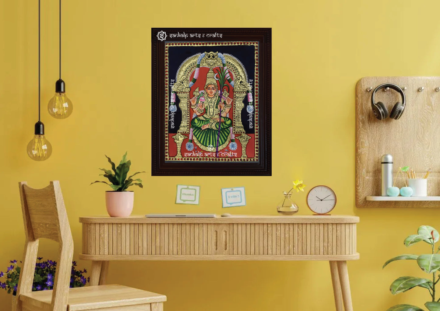 A stunning Tanjore painting of Kamakshi Amman, designed to enhance spiritual decor with vibrant colors and gold embellishments. Available in Chennai & Bangalore.