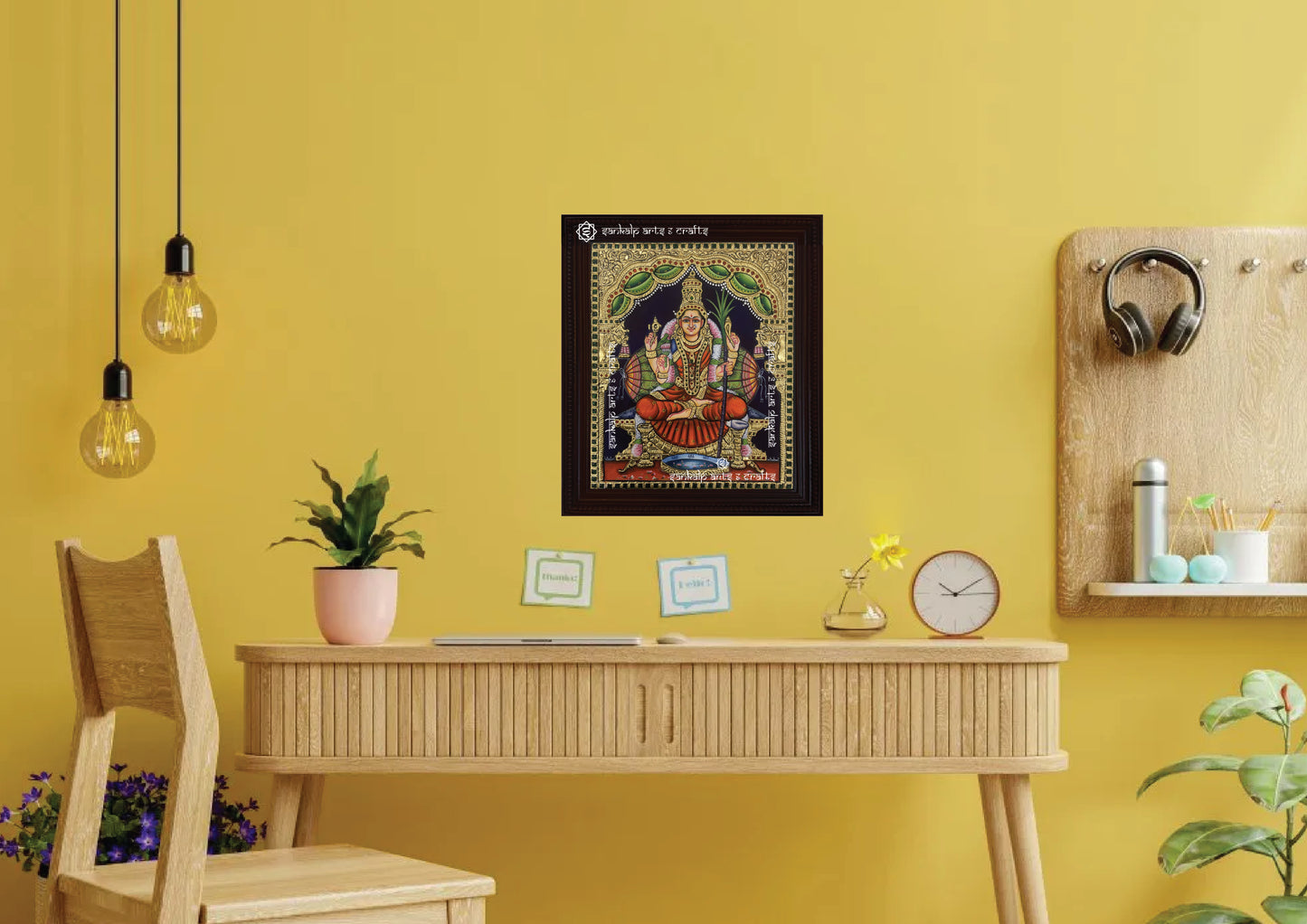 A stunning Tanjore painting of Kamakshi Amman, bringing spiritual elegance to home decor. Available in Chennai & Bangalore.
