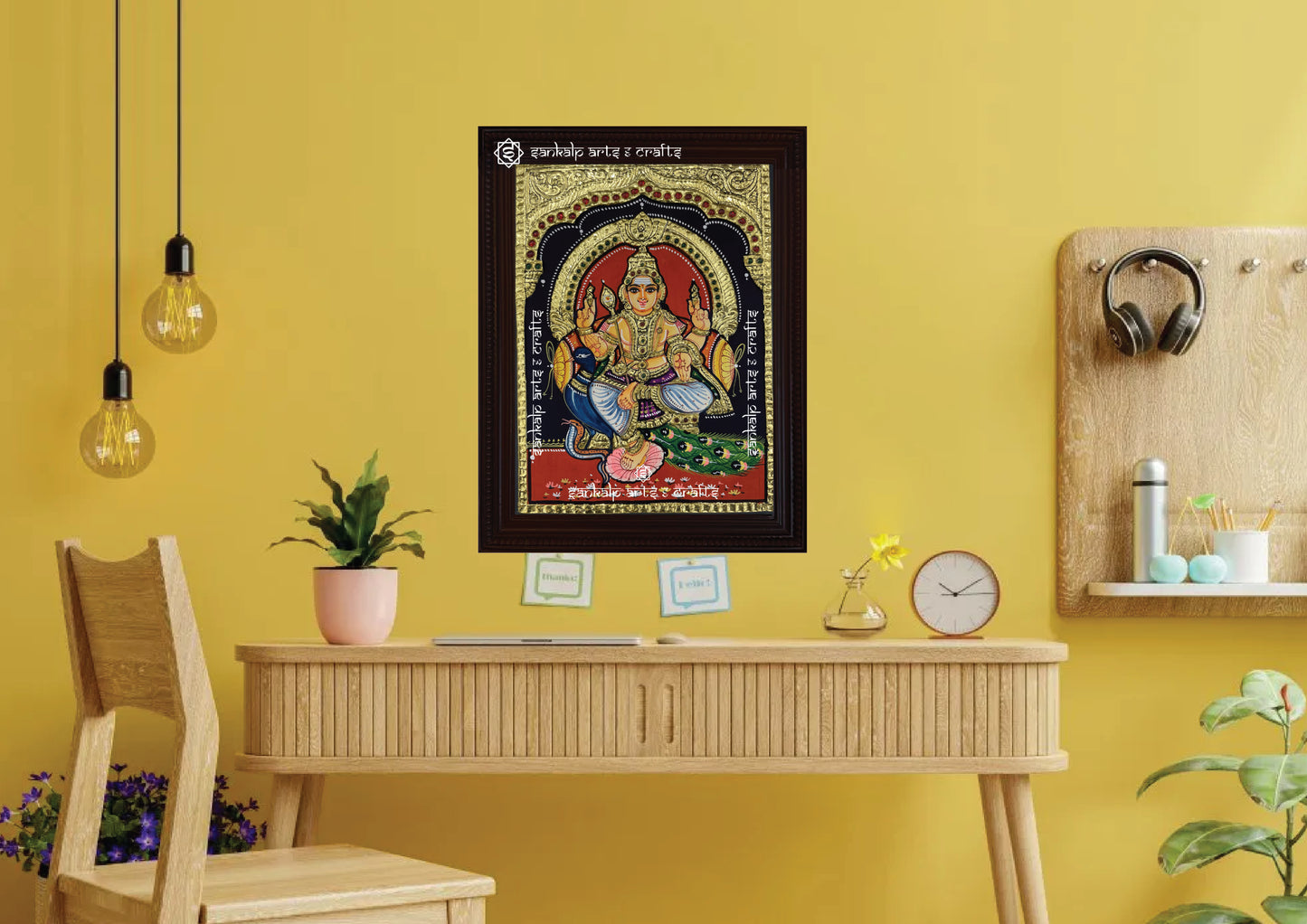A beautifully framed Murugan Tanjore painting, adding a touch of divinity to pooja rooms and interiors in Chennai & Bangalore.