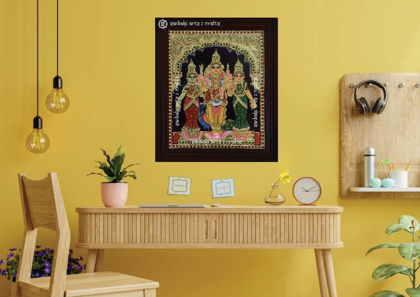 A stunning Tanjore painting of Lord Murugan with Valli and Deivanai, radiating divine energy and blessings. Perfect for home decor in Chennai & Bangalore.