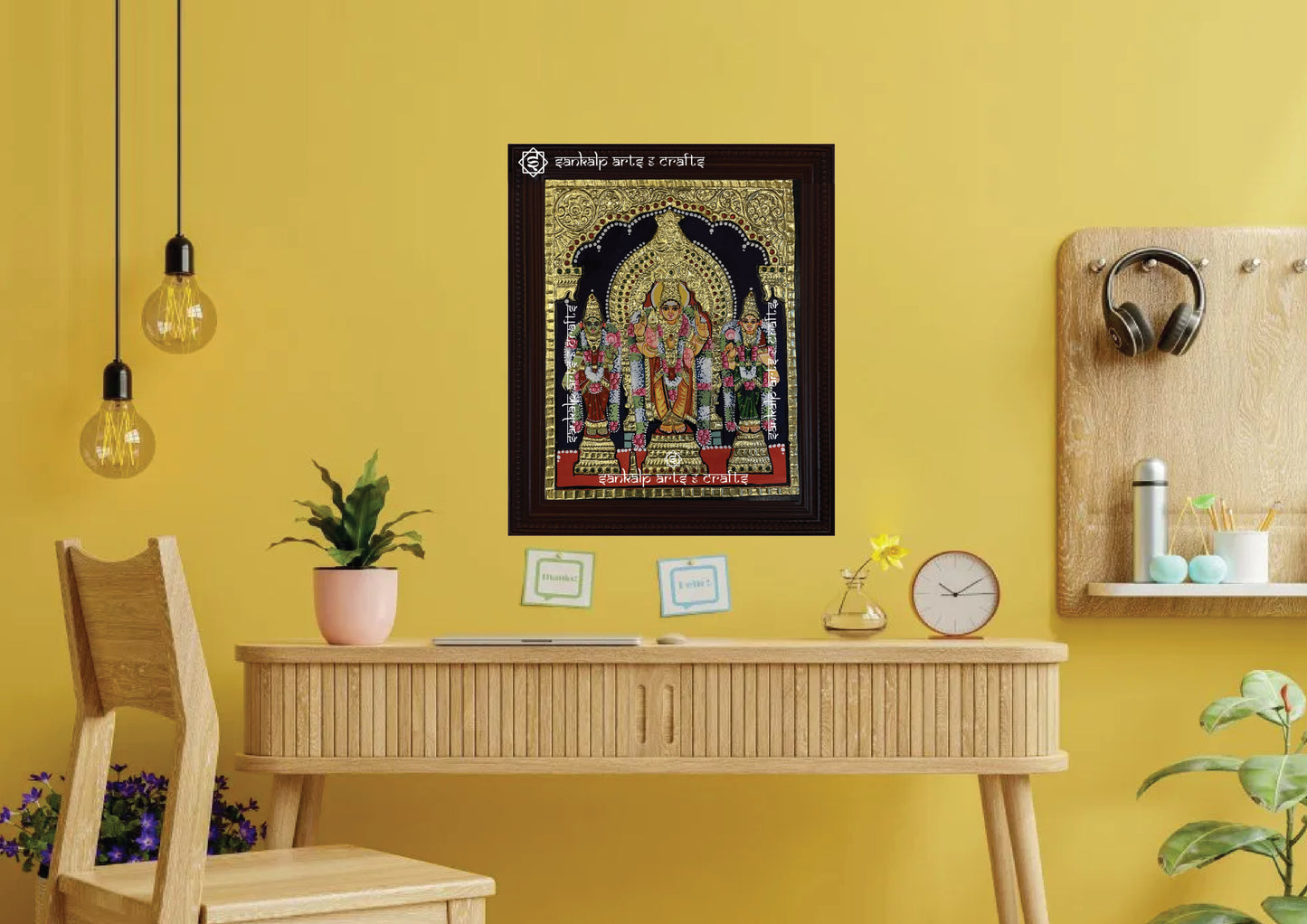 A stunning Tanjore painting of Lord Murugan with Valli and Deivanai, bringing spiritual elegance and grace to home decor. Available in Chennai & Bangalore.