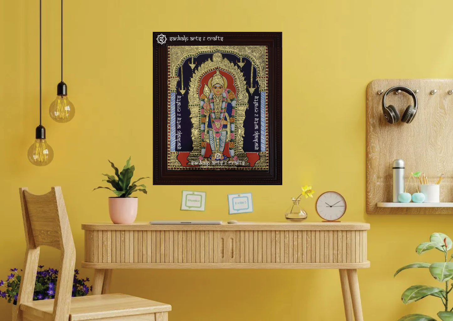 A stunning Tanjore painting of Lord Murugan in Palani, radiating divine grace and traditional charm. Perfect for home decor in Chennai & Bangalore.
