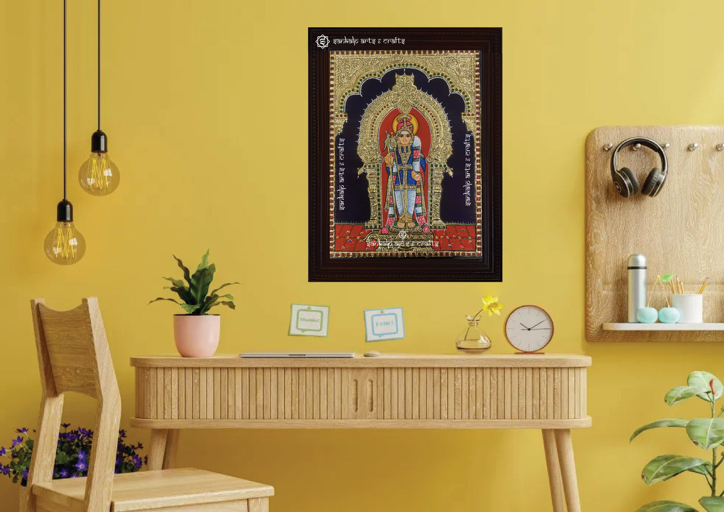 A beautifully handcrafted Tanjore painting of Lord Murugan at Pazhani, enhancing spiritual ambiance in home decor. Available in Chennai & Bangalore.