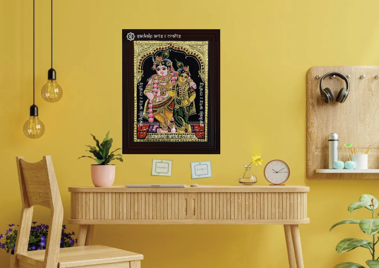 A stunning Radha Krishna Tanjore painting, framed to enhance the spiritual charm of pooja rooms and living spaces in Chennai & Bangalore.
