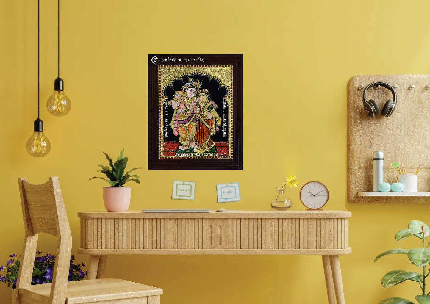 A beautifully framed Radha Krishna Tanjore painting, reflecting South Indian artistry, ideal for adding spiritual charm to walls in Chennai & Bangalore.