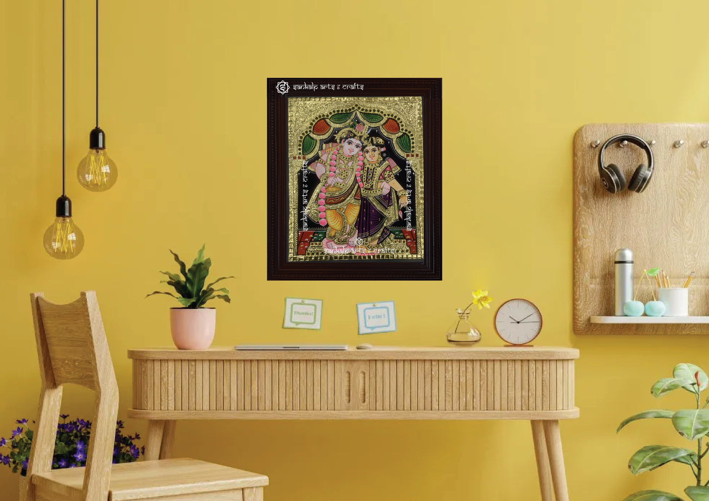 A beautifully framed Radhe Krishna Tanjore painting that enhances your home’s ambiance. Ideal spiritual wall art for Chennai & Bangalore homes.