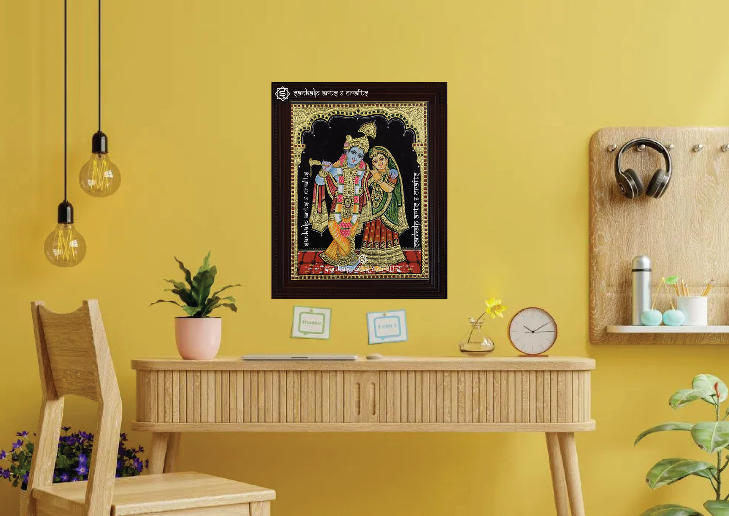 A beautifully framed Radhe Krishna Tanjore painting, designed for a perfect wall hanging decor piece in Chennai & Bangalore homes.