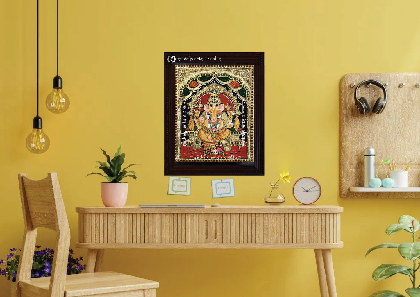 A beautifully framed Ganesha Tanjore painting in Raja Alangara style, ideal for pooja rooms and temples. Available in Chennai & Bangalore.