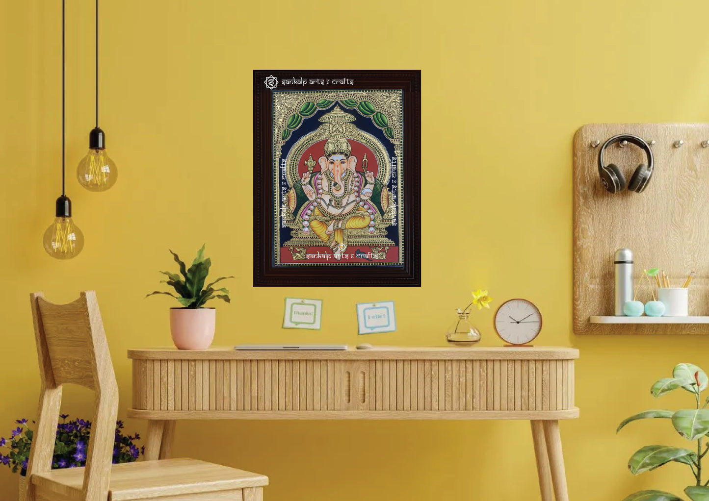 A stunning Tanjore painting of Raja Alangara Ganesha, bringing spiritual elegance to home decor. Available in Chennai & Bangalore.