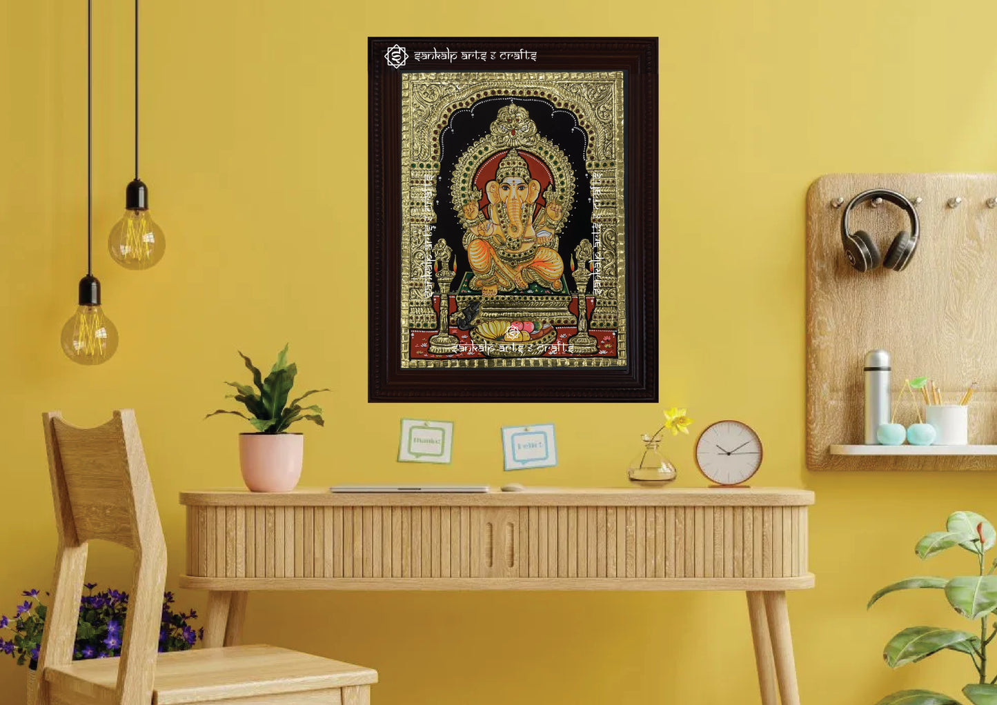 A majestic Tanjore painting of Lord Ganesha in royal attire, enhancing pooja room and home decor. Available in Chennai & Bangalore.