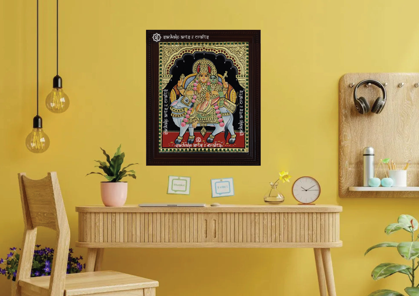 A framed Rishaba Vahanam Shiva Parvathi Tanjore painting, perfect for adding a divine aura to temples and pooja rooms in Chennai & Bangalore.