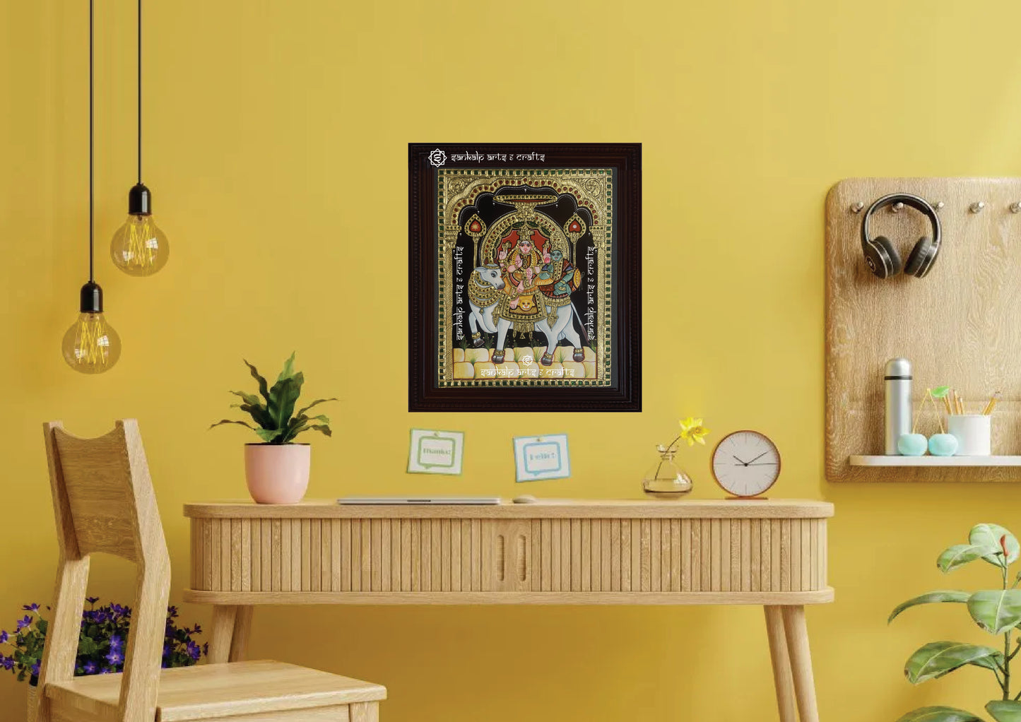 A stunning Tanjore painting depicting Shivan and Parvathi in their divine form on Rishaba Vahanam, enhancing spiritual decor. Available in Chennai & Bangalore.