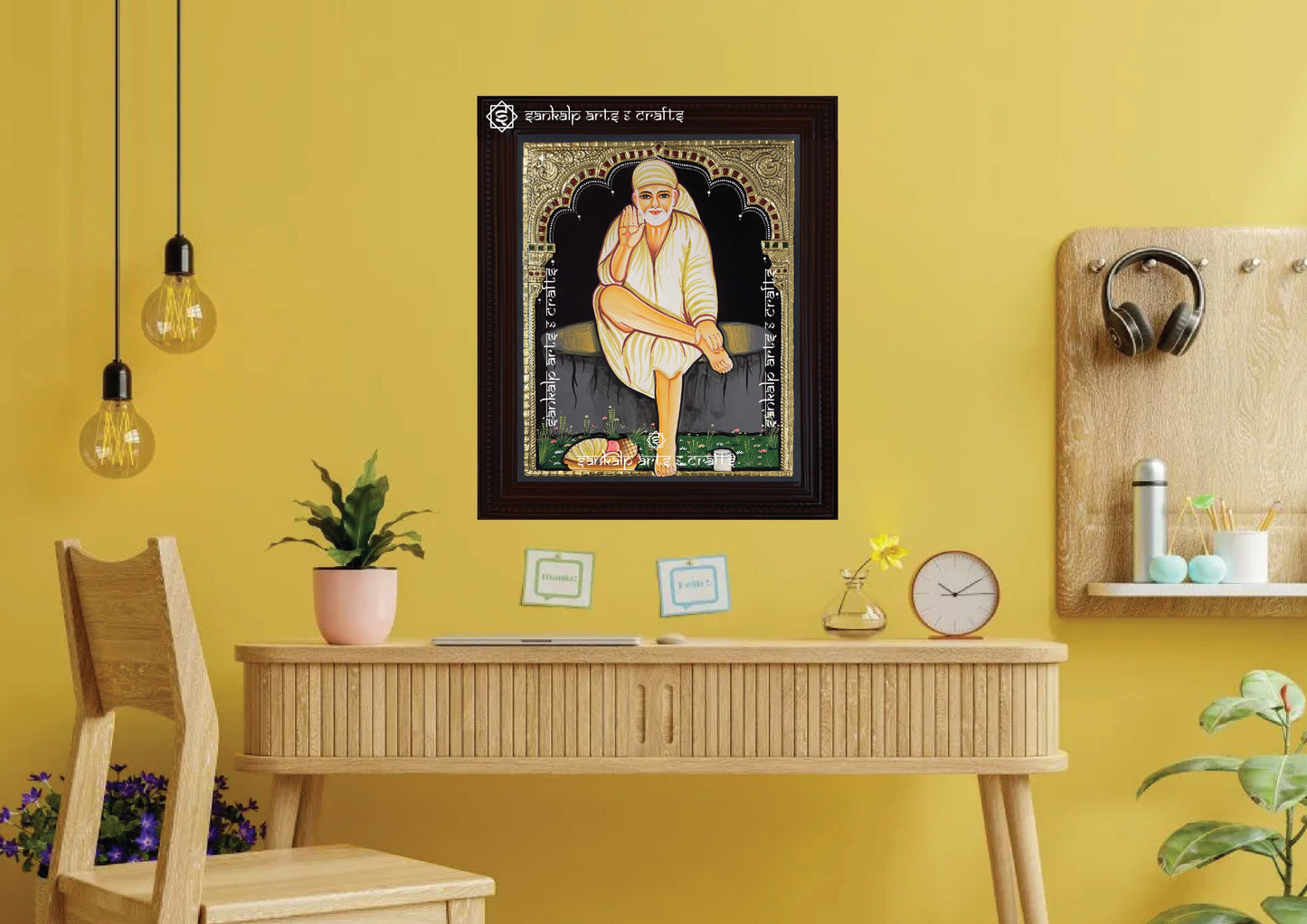 A divine Tanjore painting of Saibaba, bringing blessings and spiritual energy to home decor. Available in Chennai & Bangalore.