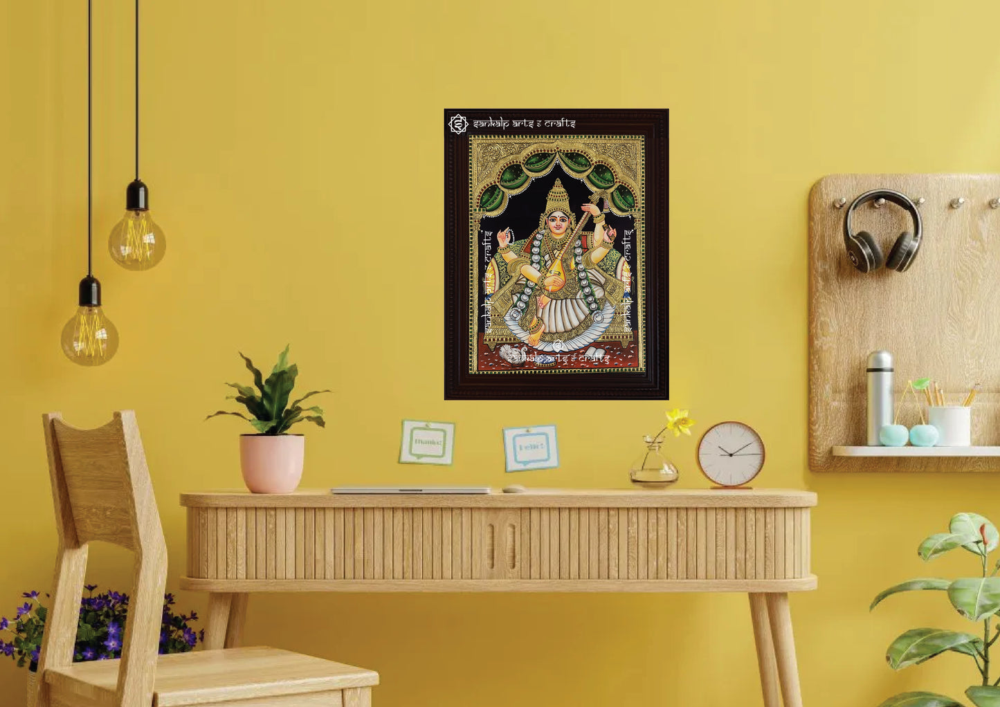 A divine Tanjore painting of Goddess Saraswathi, bringing blessings of wisdom and creativity. Perfect for home decor in Chennai & Bangalore.