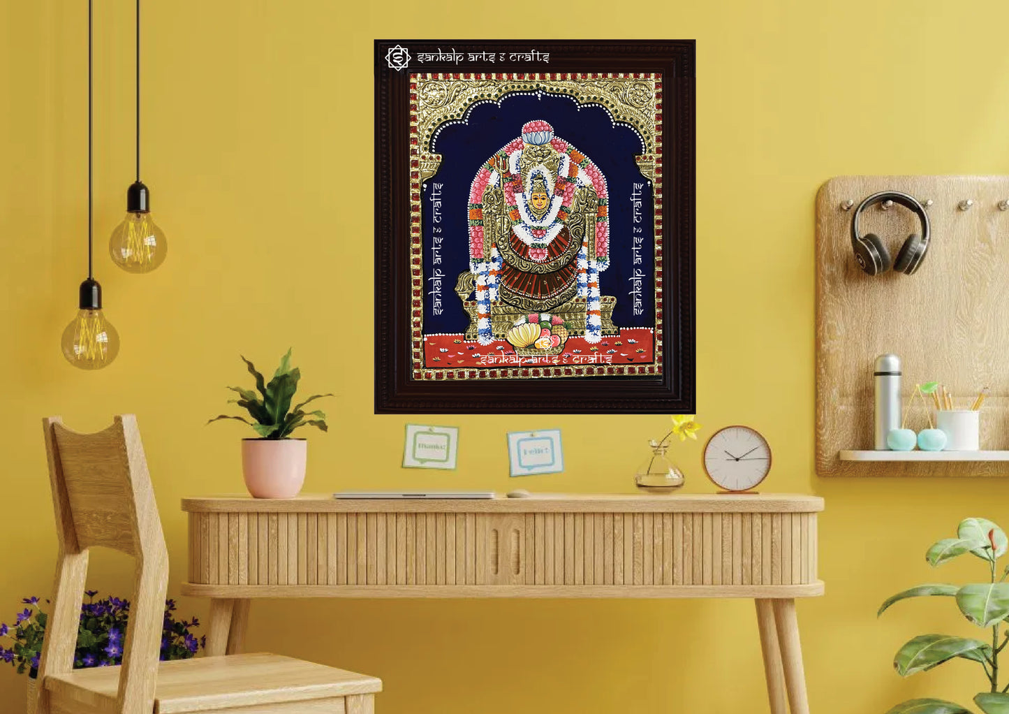 A framed Selvanayagi Tanjore painting in Chennai & Bangalore, designed with exquisite gold foil and bright colors, perfect for enhancing the spiritual ambiance of a pooja room or home with divine grace and positive energy.