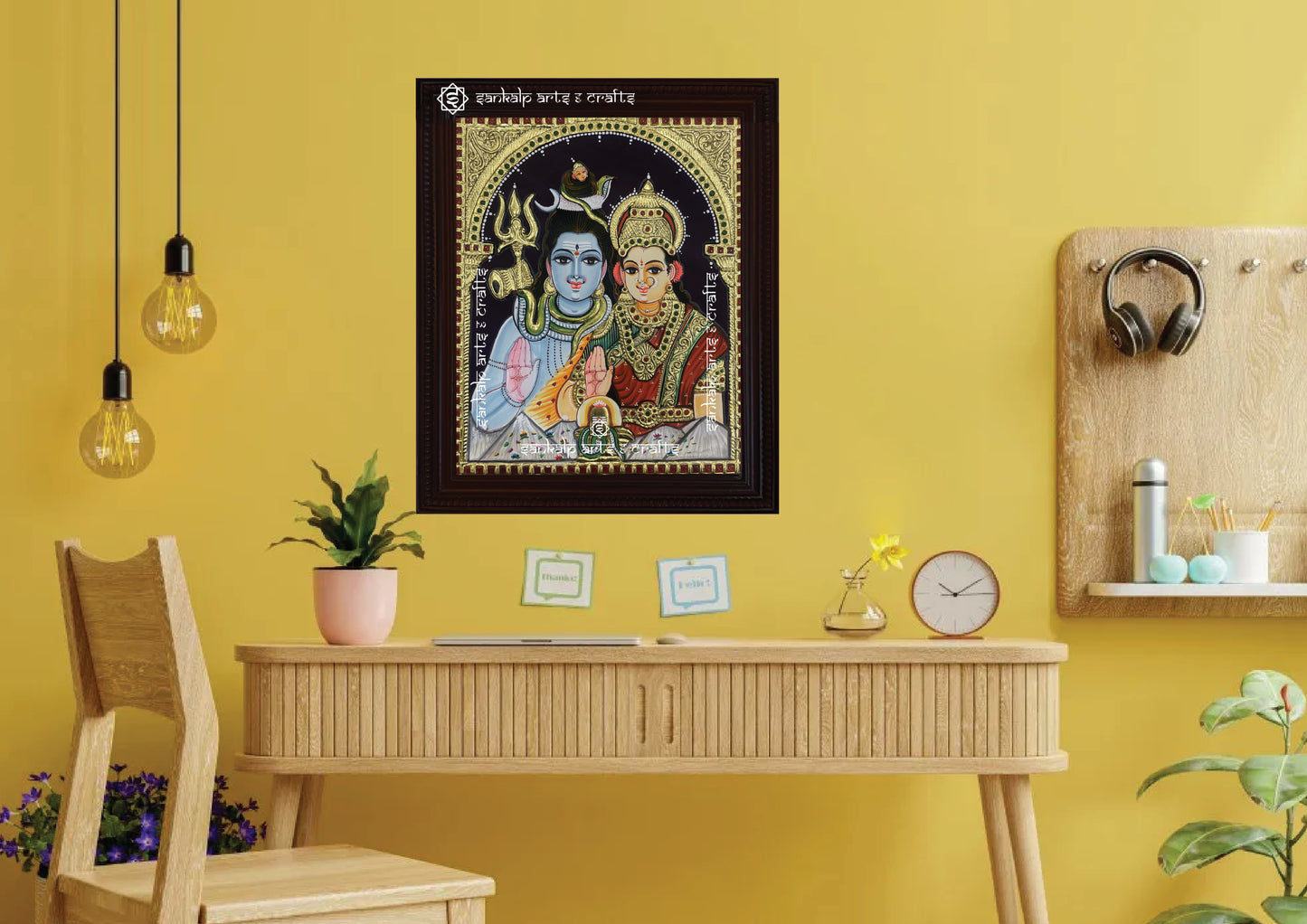 A stunning Tanjore painting of Shiva and Parvathi, bringing peace and divine energy to home decor. Available in Chennai & Bangalore.
