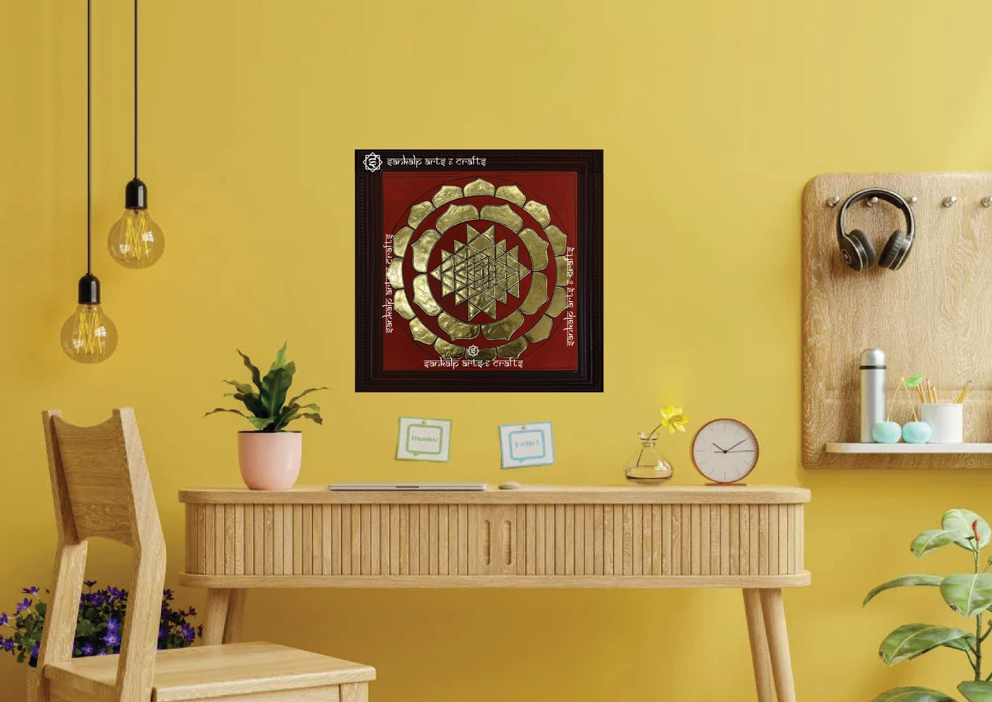 A beautifully framed Sri Chakram Tanjore painting, designed for pooja rooms and meditation spaces, enhancing spiritual ambiance in Chennai & Bangalore homes.