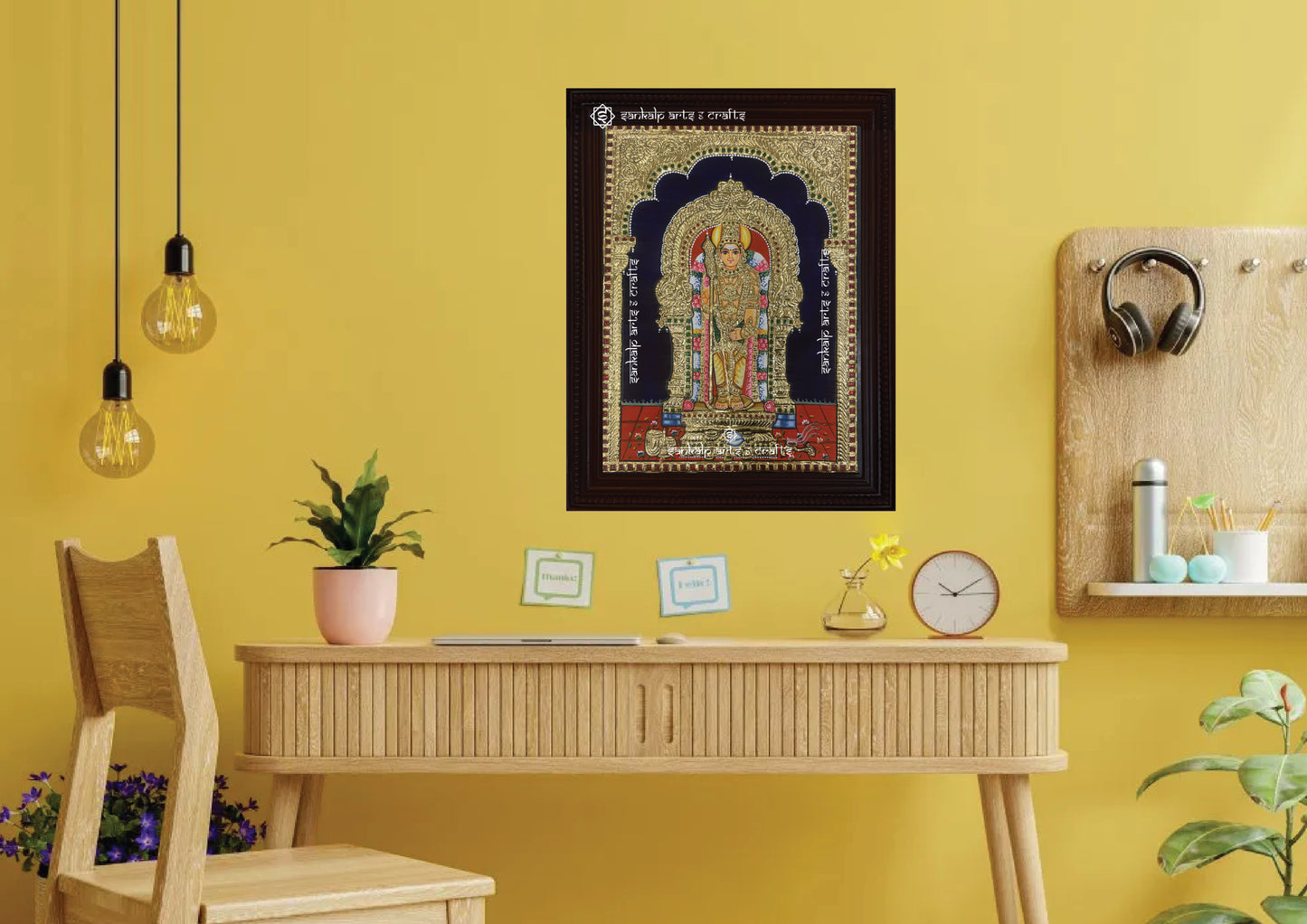A beautifully detailed Tanjore painting of Lord Murugan at Swamimalai, enhancing the spiritual ambiance of home decor. Available in Chennai & Bangalore.