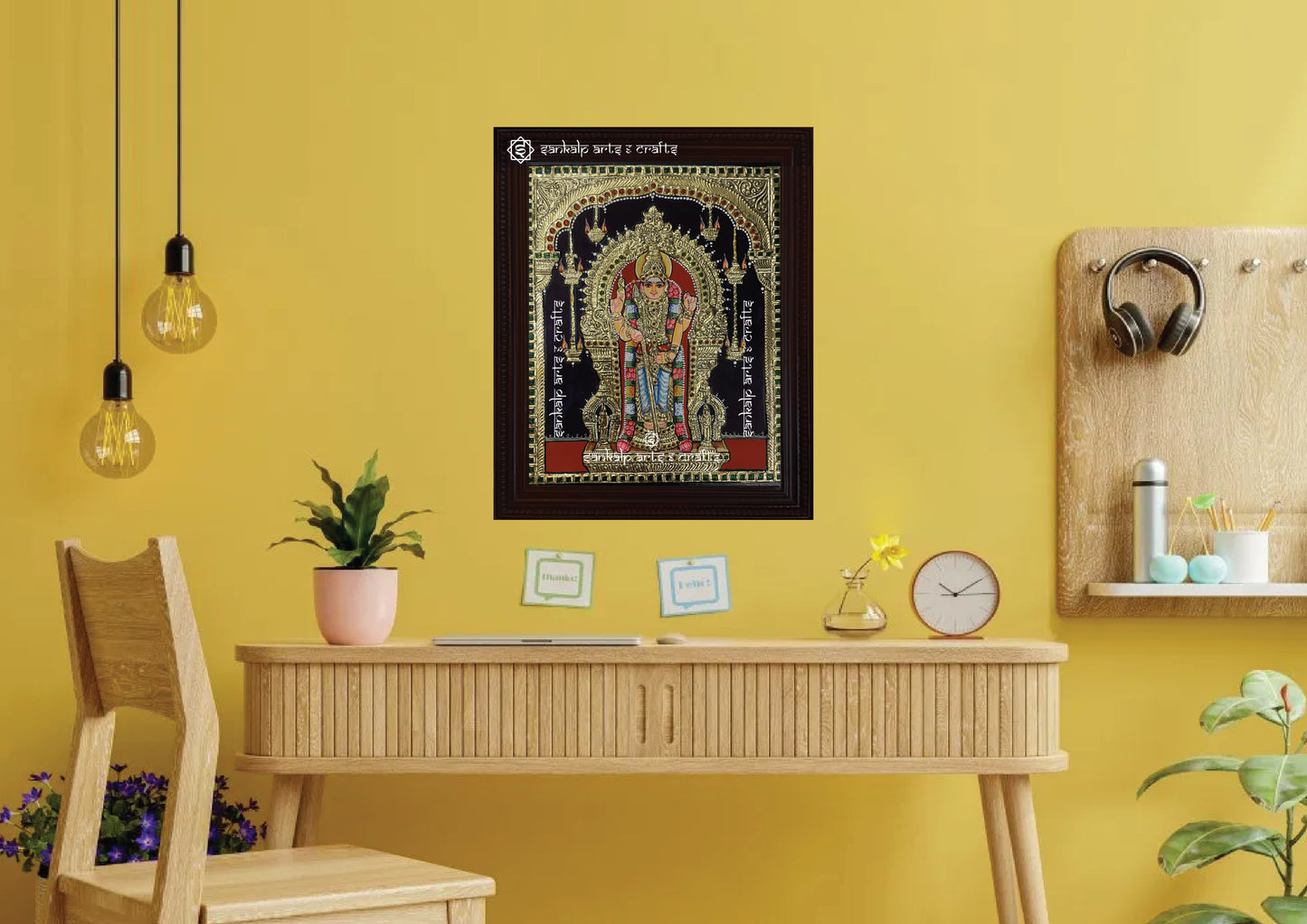 A framed Thiruchendur Murugan Tanjore painting, featuring Lord Murugan in divine grace with intricate gold detailing and vibrant colors, ideal for bringing prosperity, peace, and divine blessings into your pooja room or living space.
