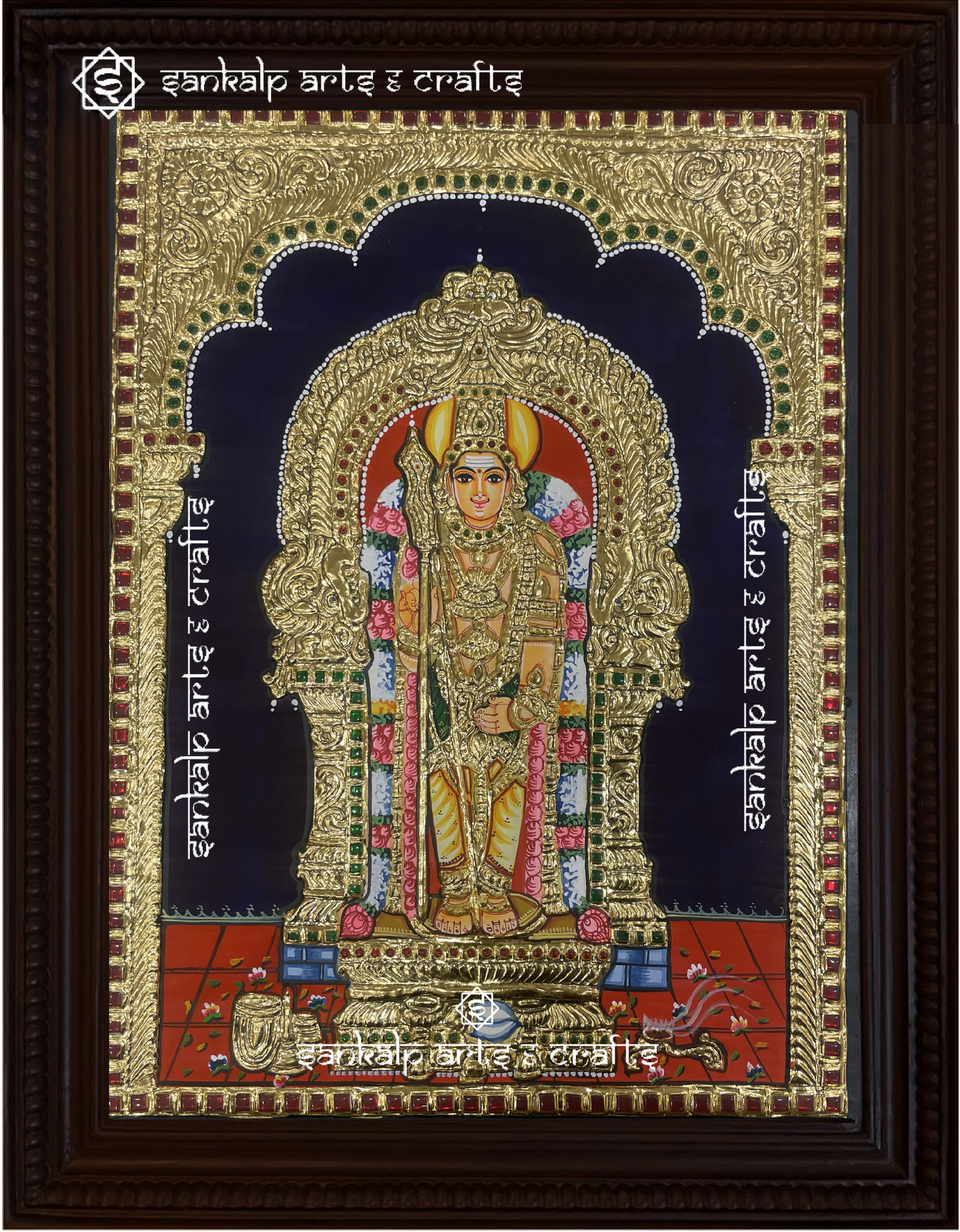 This handcrafted Tanjore painting of Lord Murugan at Swamimalai temple radiates divine grace, ideal for pooja rooms in Chennai & Bangalore.