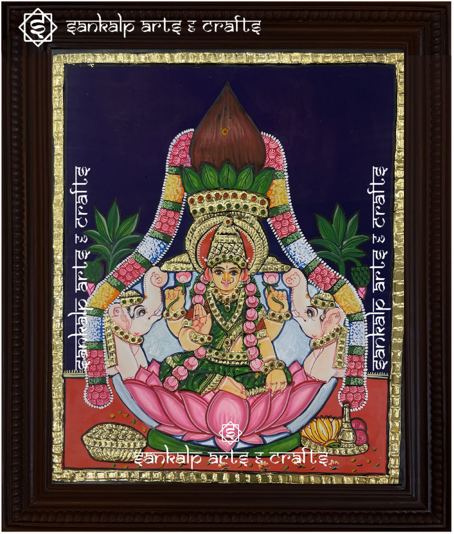 This exquisite Tanjore painting of Goddess Varamahalakshmi, symbolizing wealth and prosperity, is ideal for pooja rooms in Chennai & Bangalore.